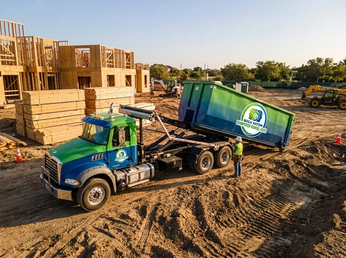 Boca Raton Dumpster Rental Guys crew beside a branded roll-off truck