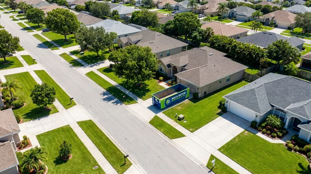 Red and navy roll-off dumpster on an Boca Raton residential driveway