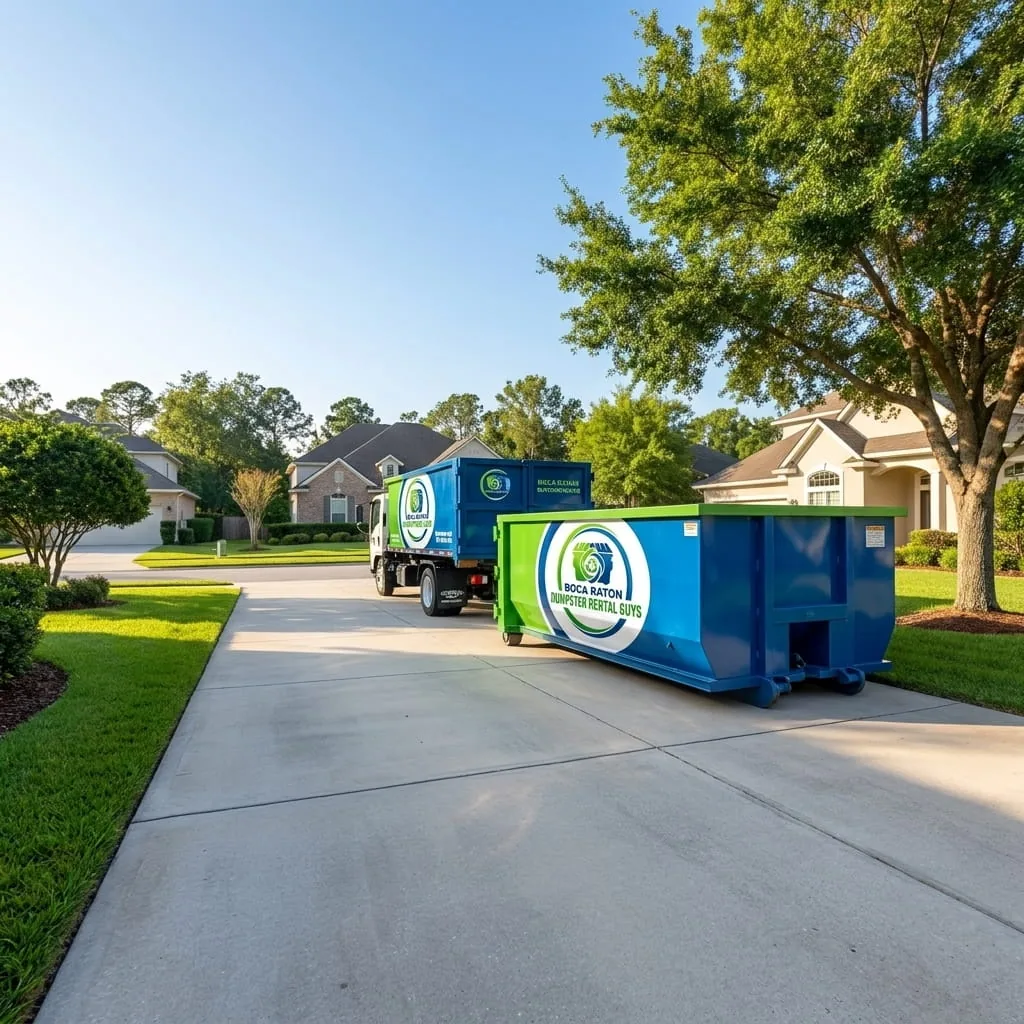 Boca Raton Dumpster Rental Guys roll-off truck delivering a dumpster