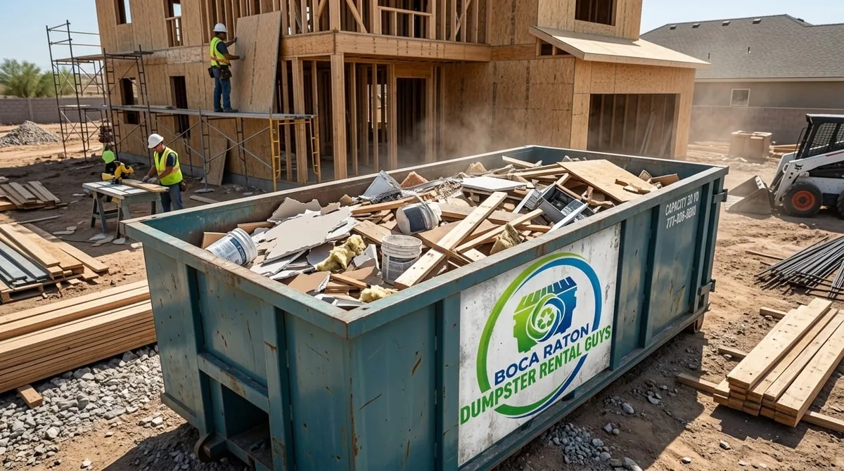 Roofing tear-off debris in a roll-off dumpster